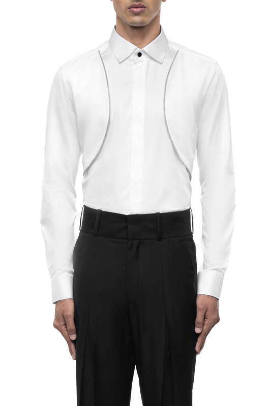 White Cotton Shirt with Open Curved Zip Panel