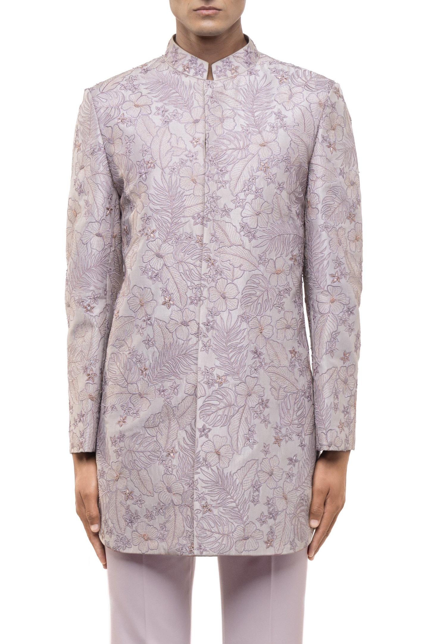 Lilac Silk Floral Embroidered Sherwani Set