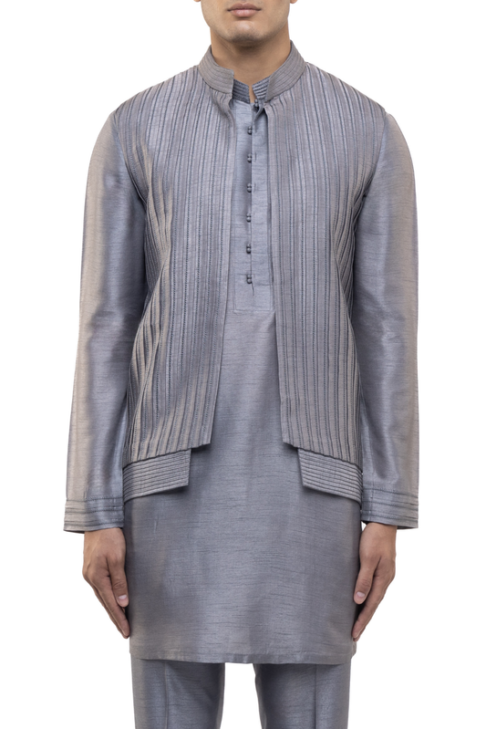 Grey Silk Pleated Open Kurta Bandi Set