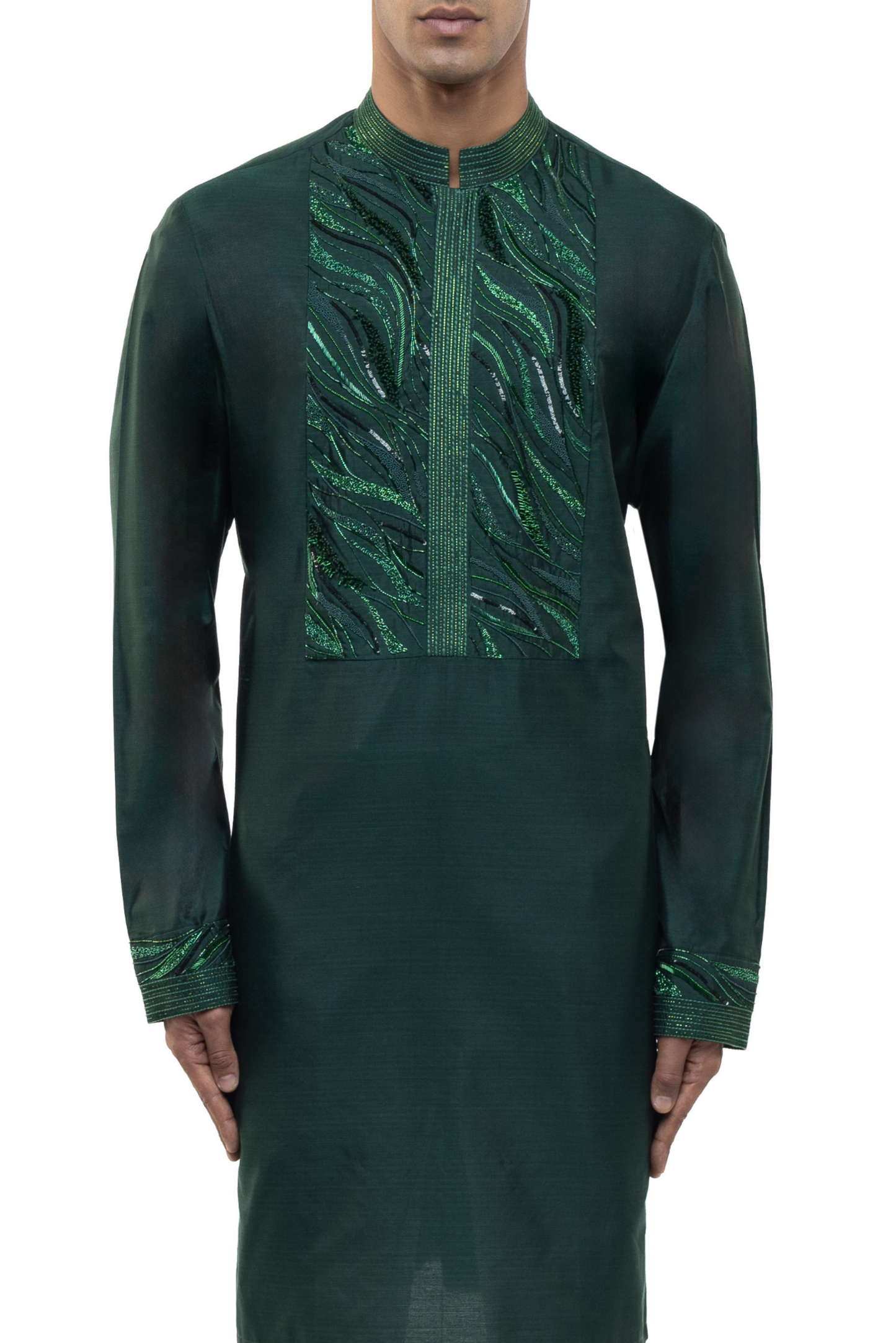 Green Silk Geometric Waves Embellished Kurta Set