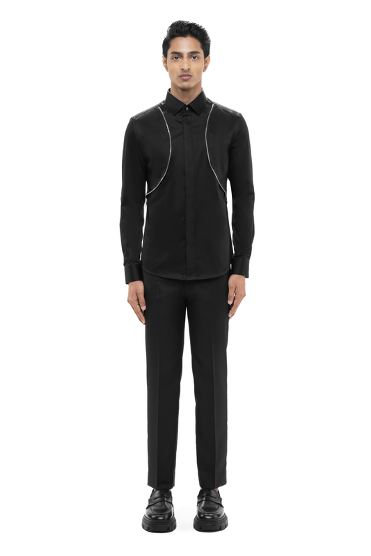 Black Cotton Shirt with Open Curved Zip Panel