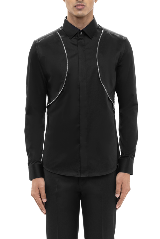 Black Cotton Shirt with Open Curved Zip Panel