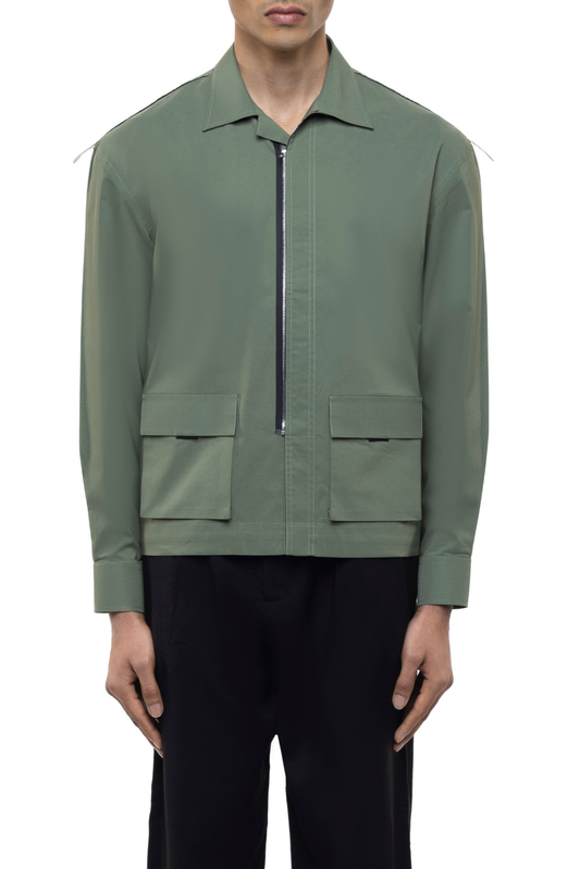 Sage Green Cotton Shacket with Zip & Patch Pockets