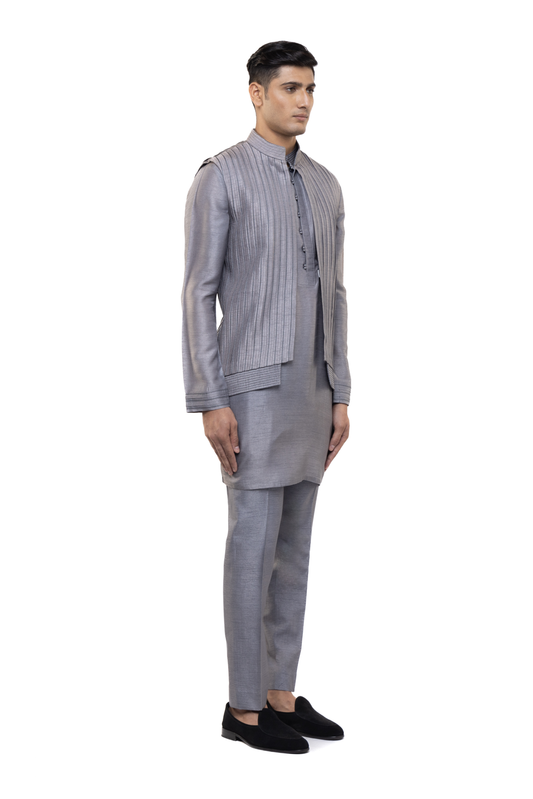 Grey Silk Pleated Open Kurta Bandi Set