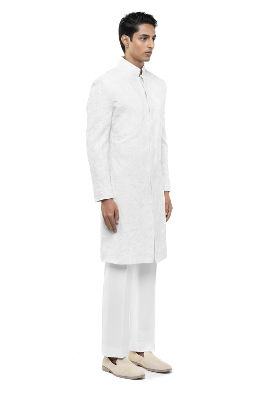 White Silk Floral Embroidery Sherwani Set