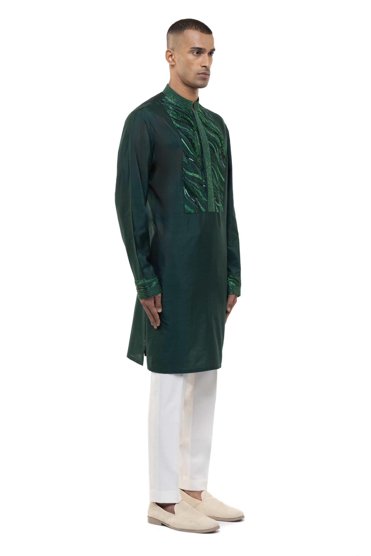 Green Silk Geometric Waves Embellished Kurta Set