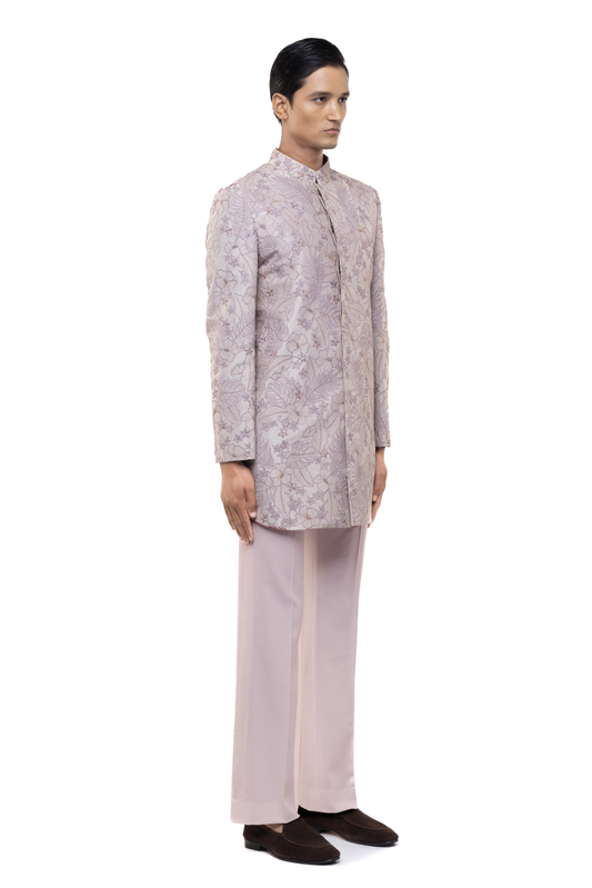 Lilac Silk Floral Embroidered Sherwani Set