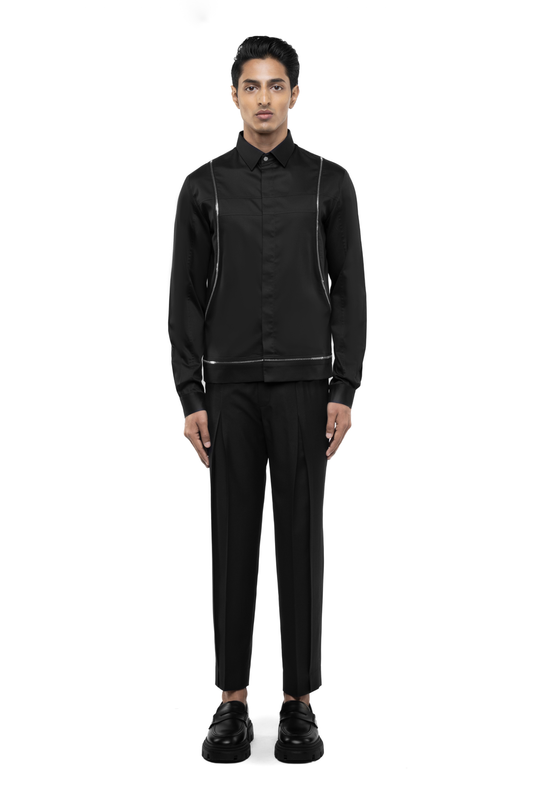 Black Cotton Shirt with Chest & Waist Zip Accents