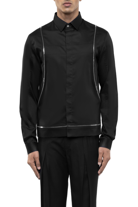 Black Cotton Shirt with Chest & Waist Zip Accents