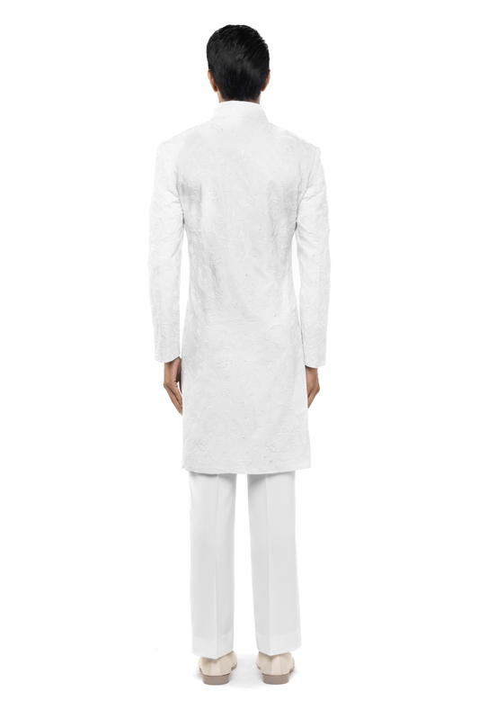 White Silk Floral Embroidery Sherwani Set