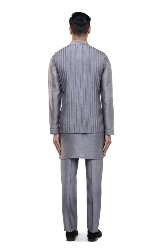 Grey Silk Pleated Open Kurta Bandi Set