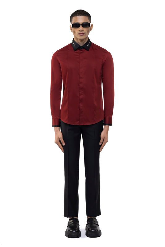 Maroon Cotton Shirt with Black Zip Collar