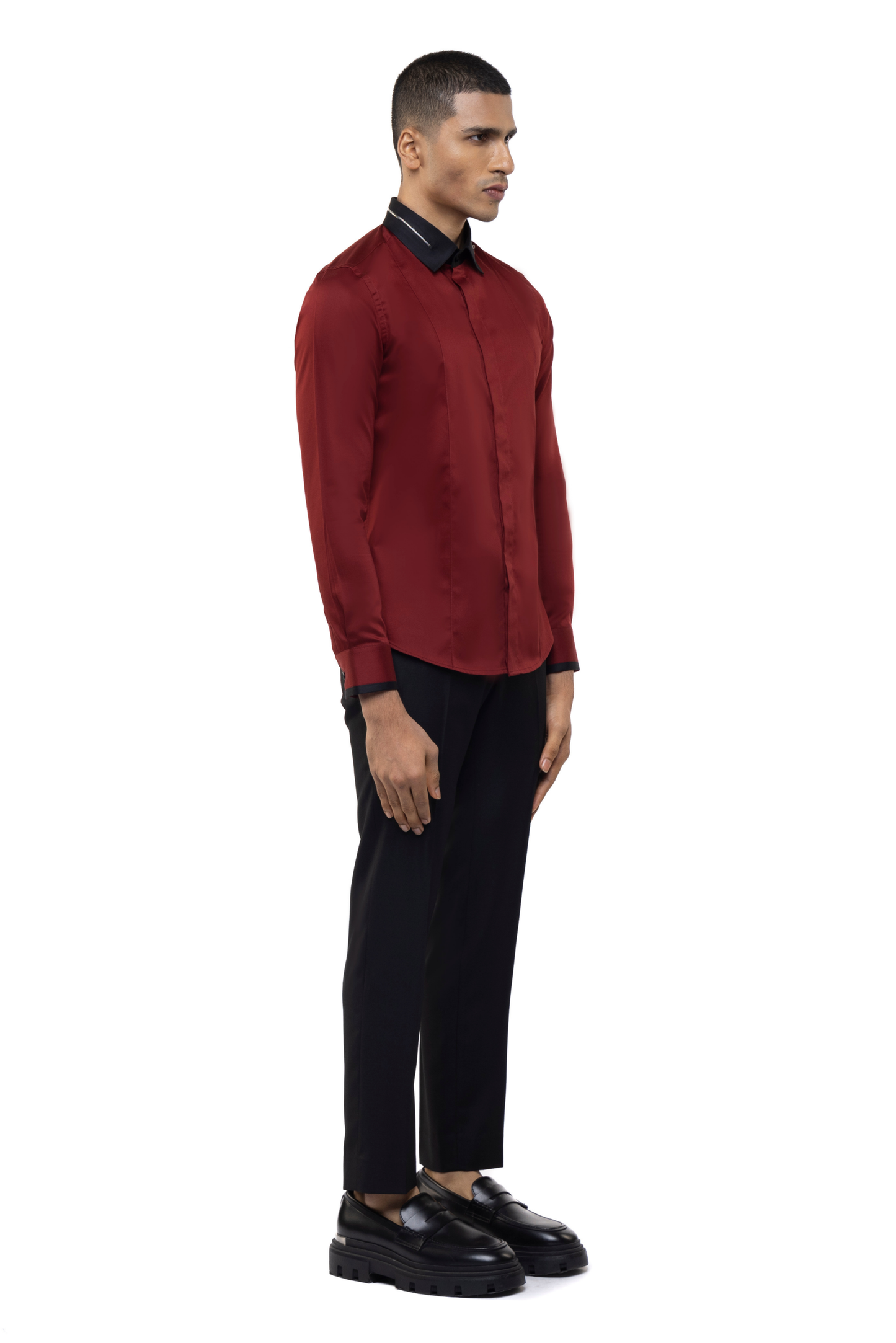 Maroon Cotton Shirt with Black Zip Collar