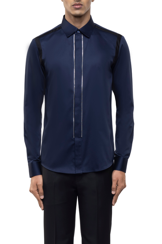 Navy Blue Cotton Shirt with Placket Zip Accents