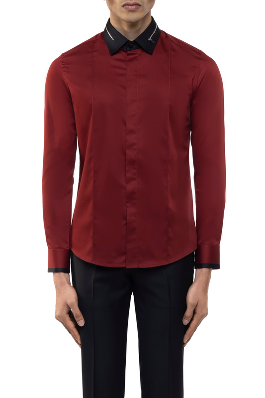 Maroon Cotton Shirt with Black Zip Collar