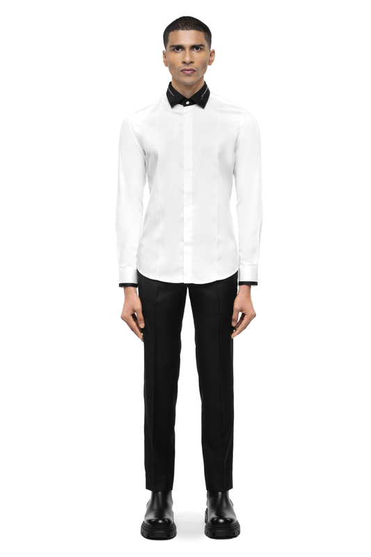 White Cotton Shirt with Black Zip Collar