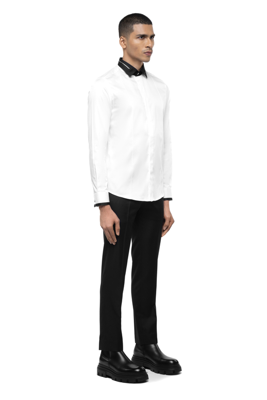 White Cotton Shirt with Black Zip Collar