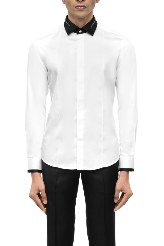 White Cotton Shirt with Black Zip Collar