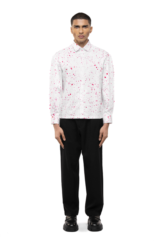 White Cotton Shirt with Pink Paint Splatter