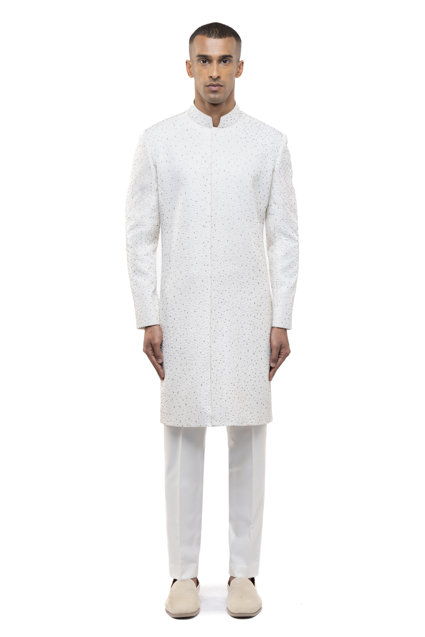 White & Silver Silk Stitchline Embroidered Sherwani Set