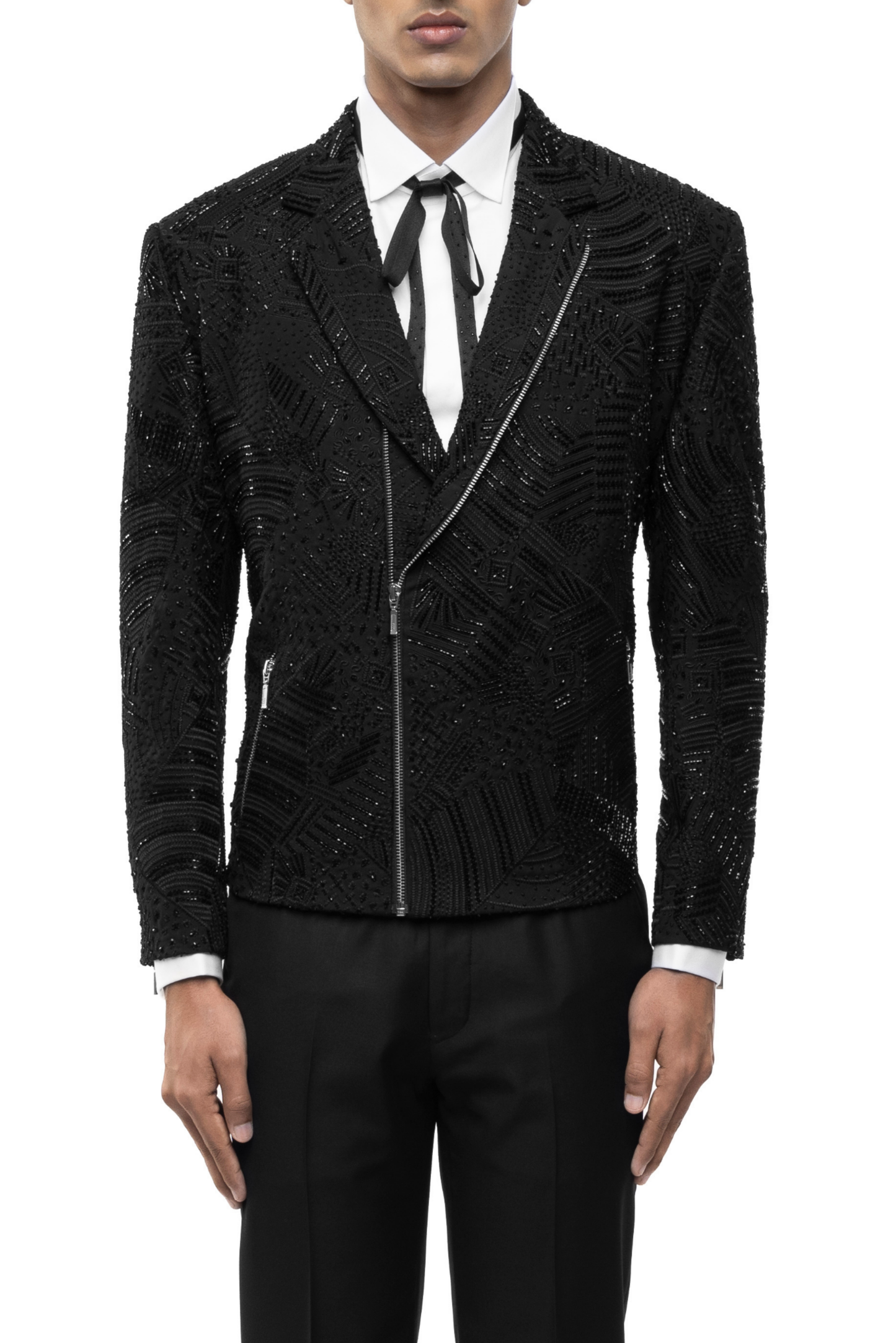 Black Silk Traditional Embroidery Biker Jacket