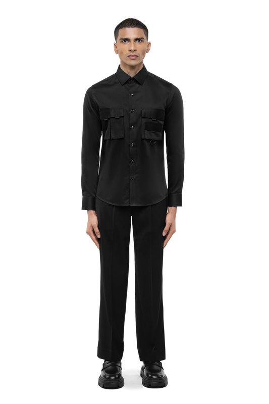 Black Cotton Shirt with Double Chest Pockets