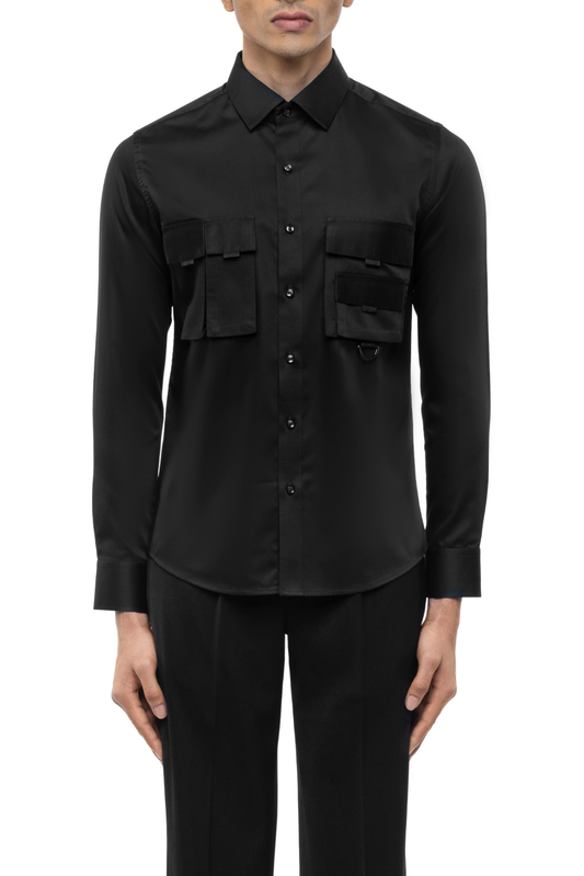 Black Cotton Shirt with Double Chest Pockets