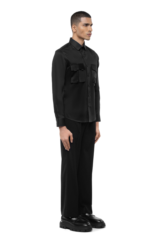 Black Cotton Shirt with Double Chest Pockets