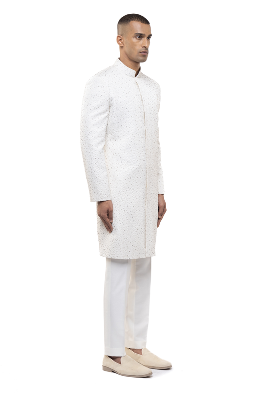 White & Silver Silk Stitchline Embroidered Sherwani Set