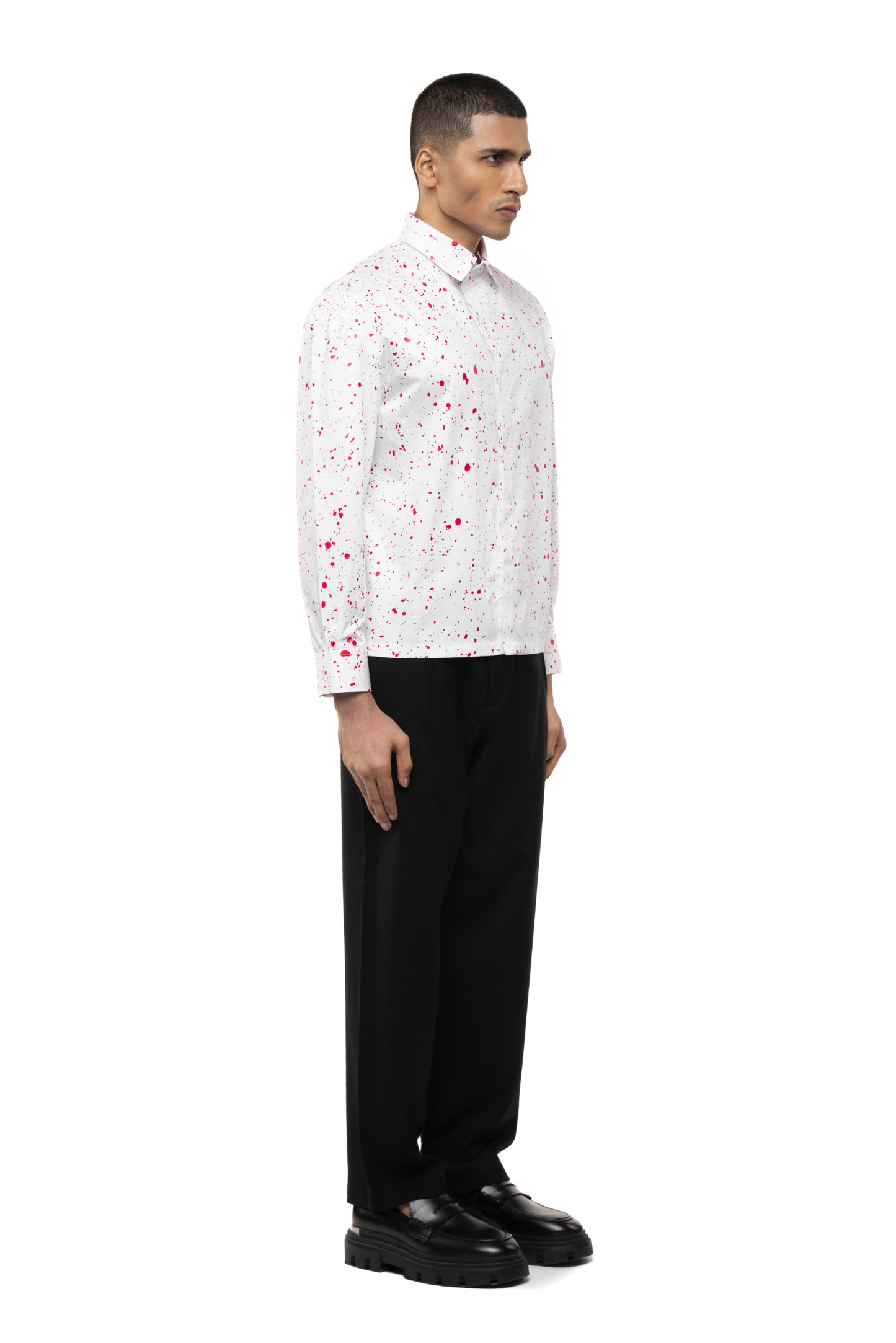 White Cotton Shirt with Pink Paint Splatter