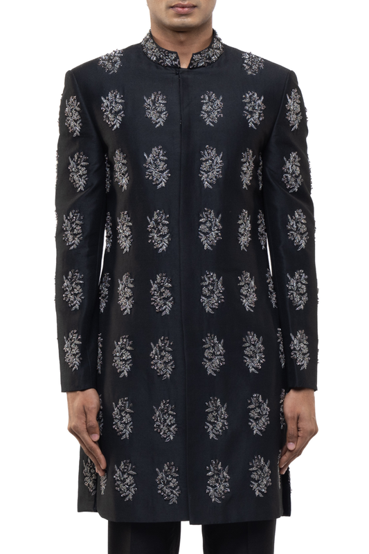 Black & Chrome Silk Embroidered Motifs Sherwani Set