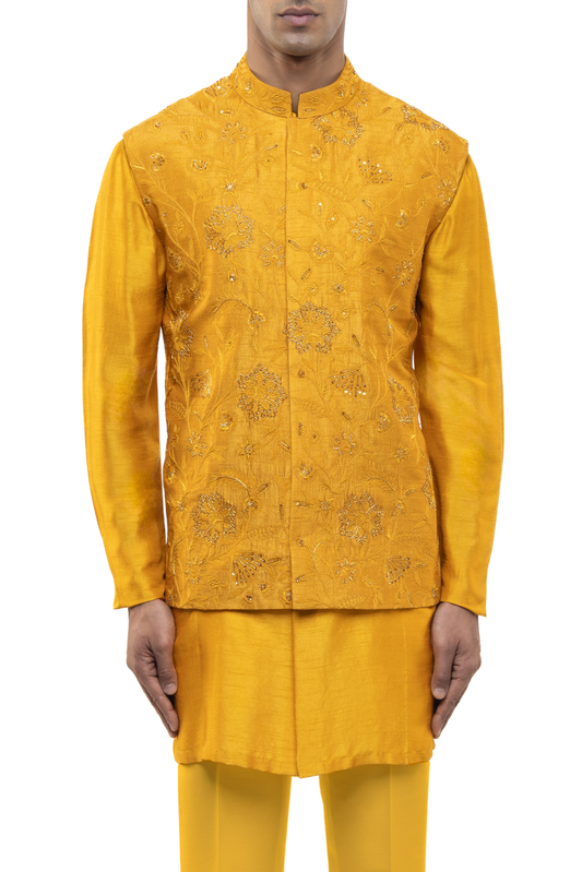 Yellow Floral Embroidery Kurta Bandi Set