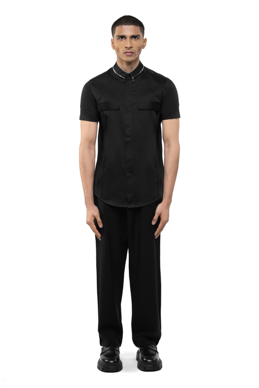 Black Cotton Half Sleeve Shirt with Zip Collar