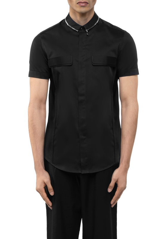 Black Cotton Half Sleeve Shirt with Zip Collar