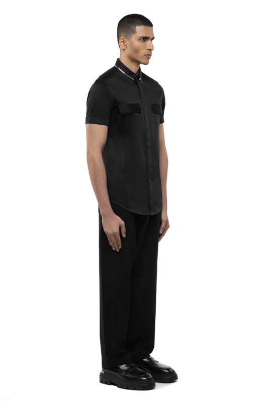 Black Cotton Half Sleeve Shirt with Zip Collar