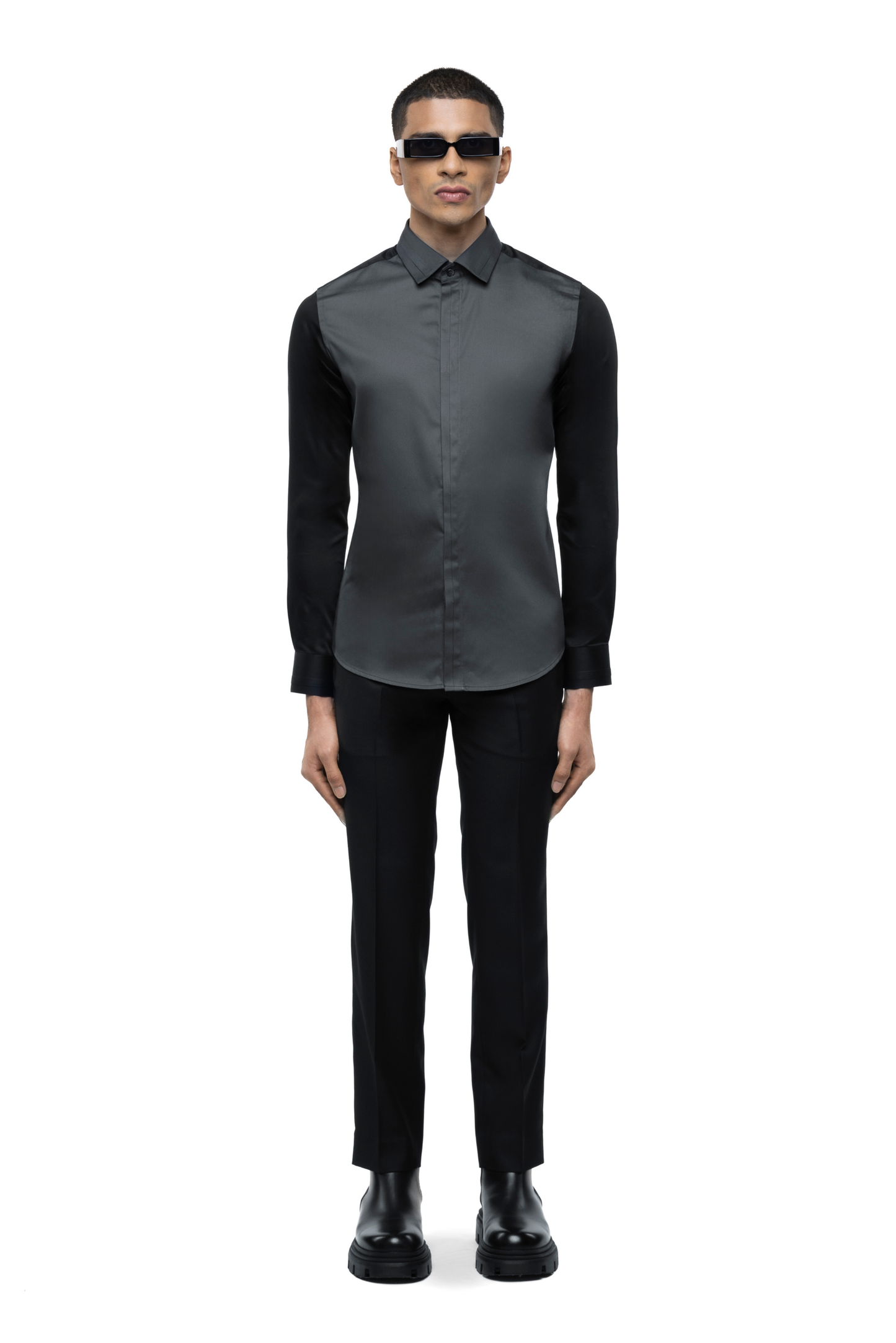 Grey Cotton Shirt with Black Sleeves