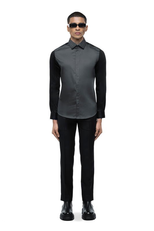 Grey Cotton Shirt with Black Sleeves