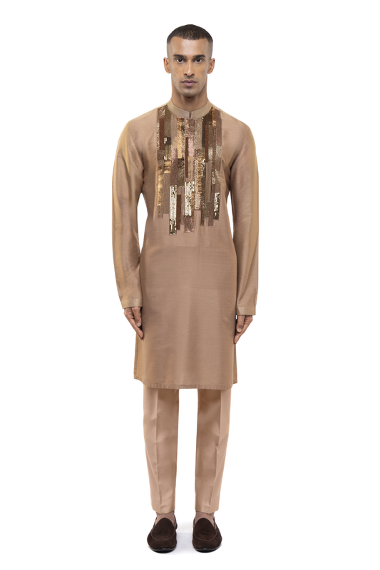 Brown Asymmetrical Geometric Lines Kurta Set