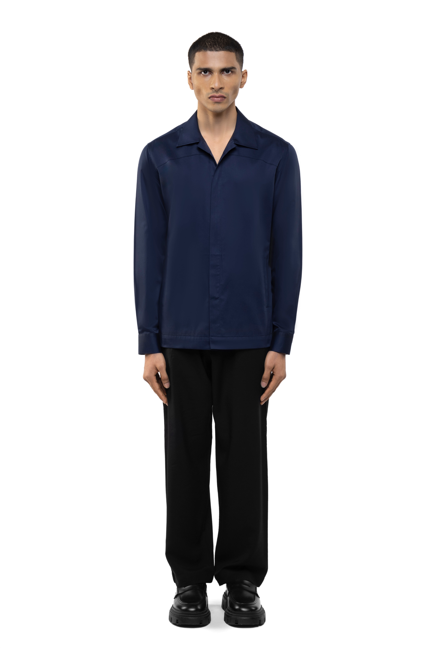 Navy Blue Cotton Shirt with Concealed Zip Placket