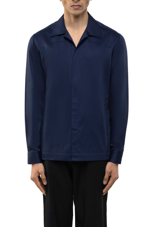 Navy Blue Cotton Shirt with Concealed Zip Placket