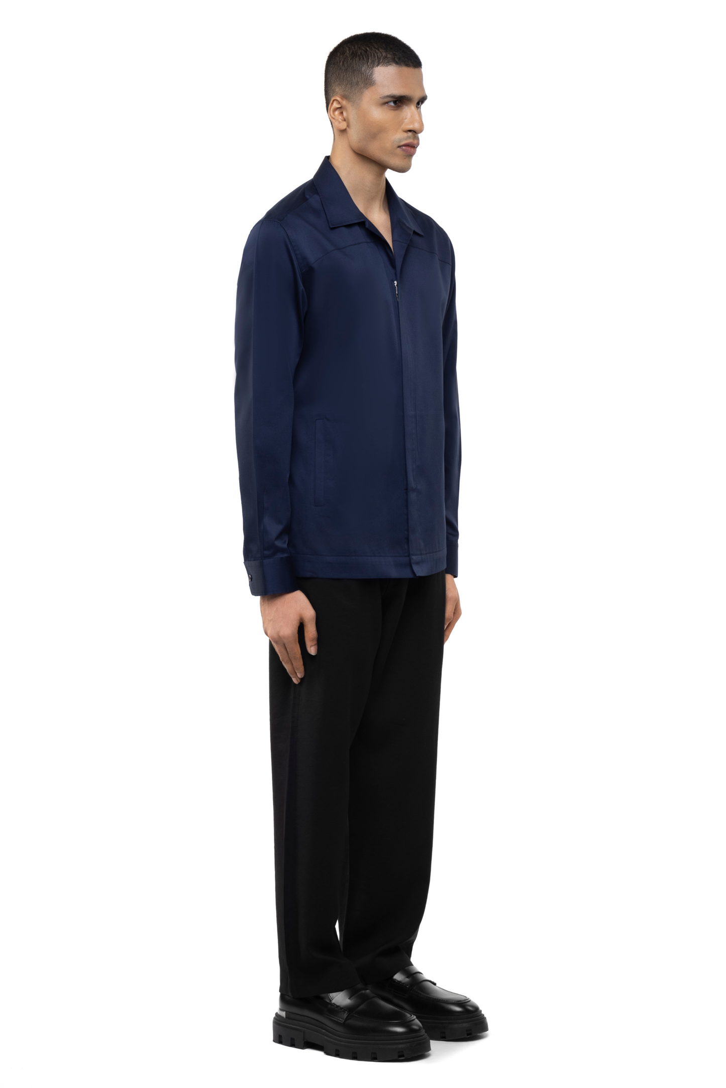 Navy Blue Cotton Shirt with Concealed Zip Placket