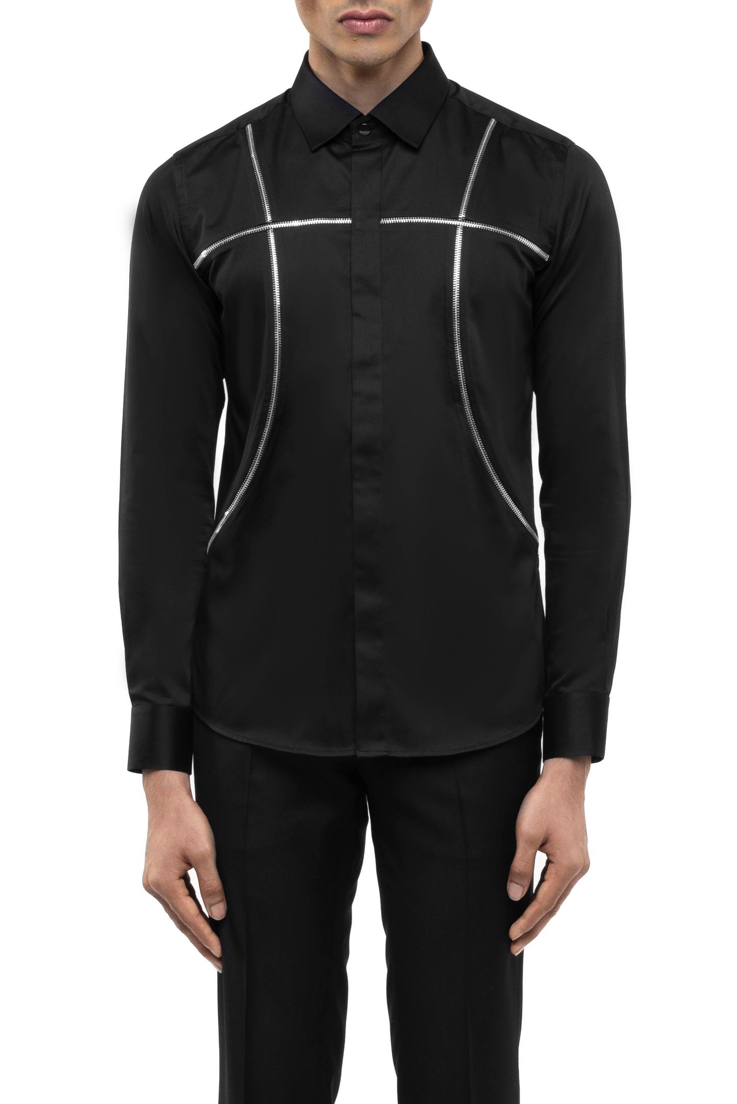 Black Cotton Shirt with Zip Accents