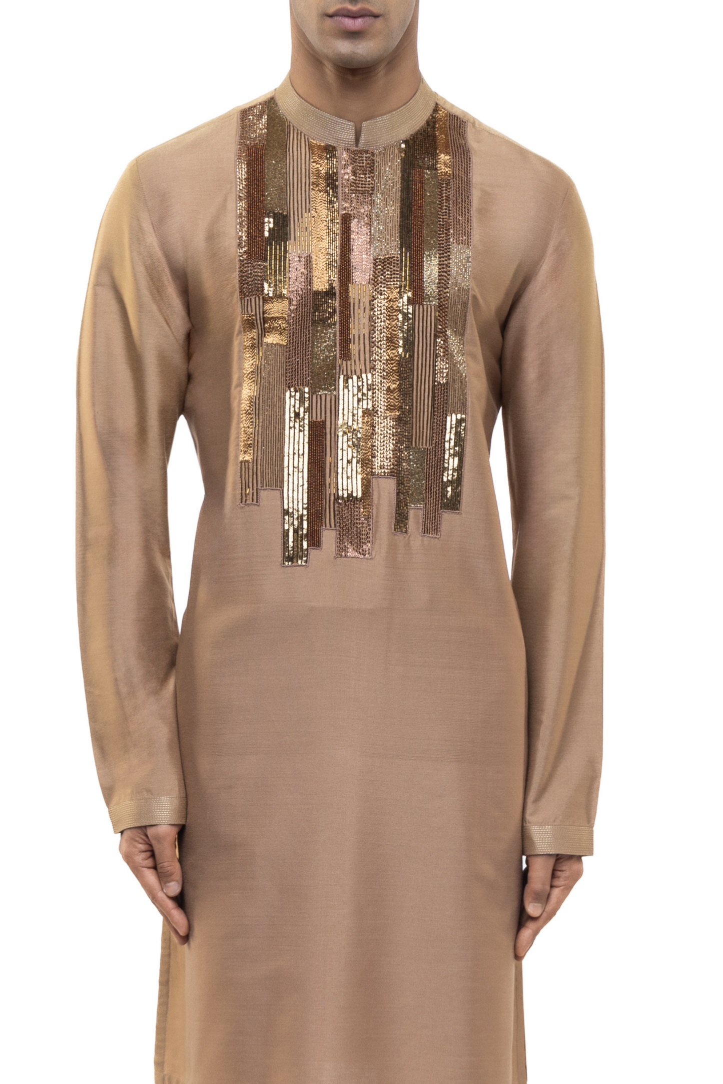 Brown Silk Asymmetrical Geometric Lines Kurta Set