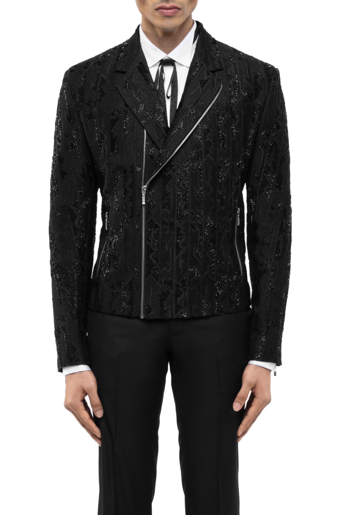 Black Silk Modern Embroidery Biker Jacket