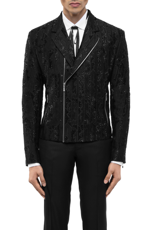 Black Modern Embroidery Biker Jacket