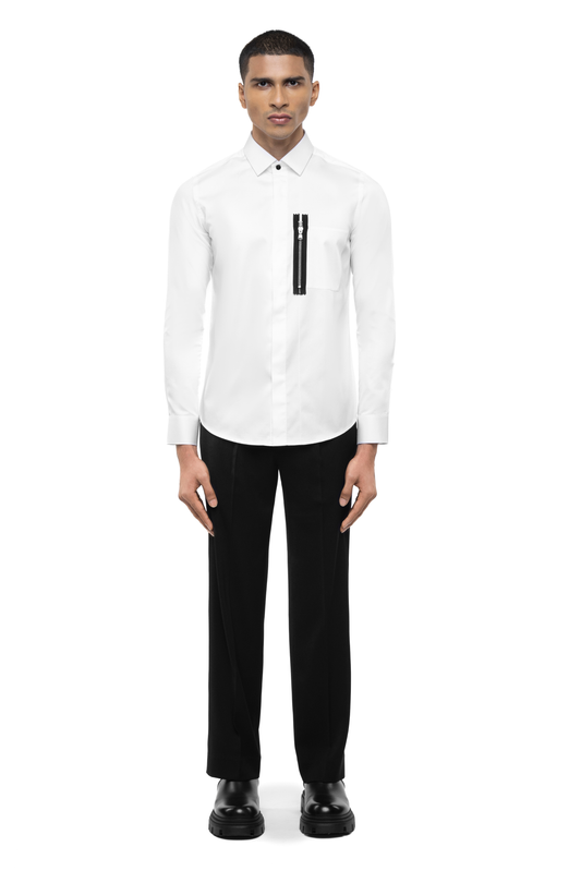 White Cotton Shirt with Black Zip Faux Pocket