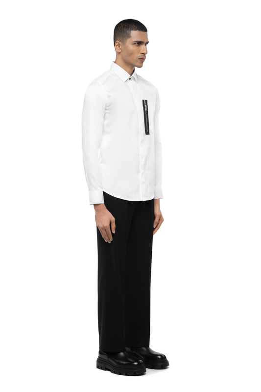 White Cotton Shirt with Black Zip Faux Pocket