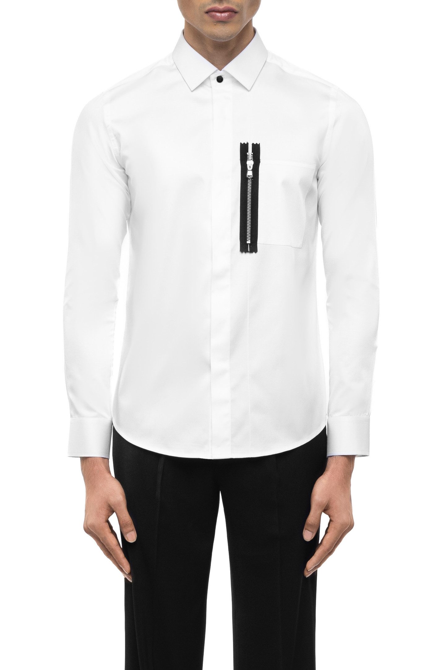 White Cotton Shirt with Black Zip Faux Pocket