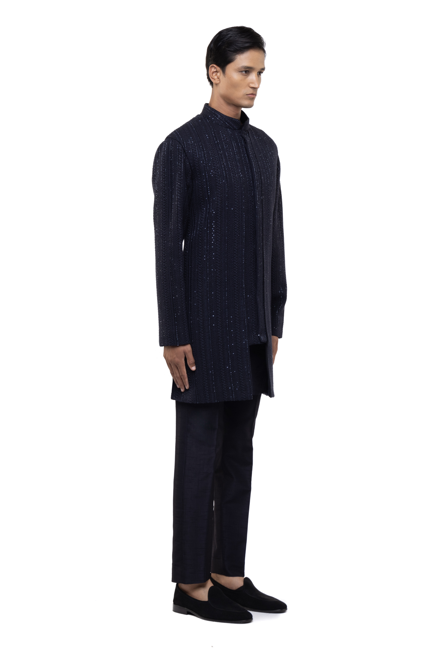 Navy Blue Silk Stitchline Deconstructed Achkan & Jacket Set