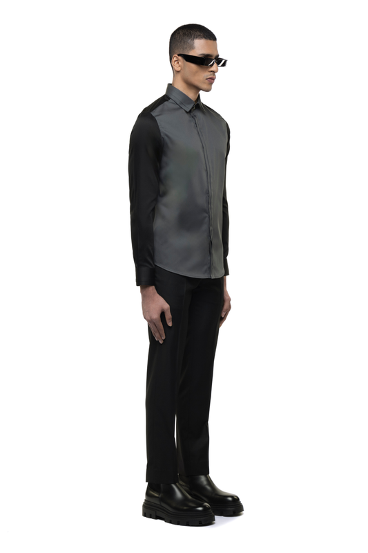 Grey Cotton Shirt with Black Sleeves